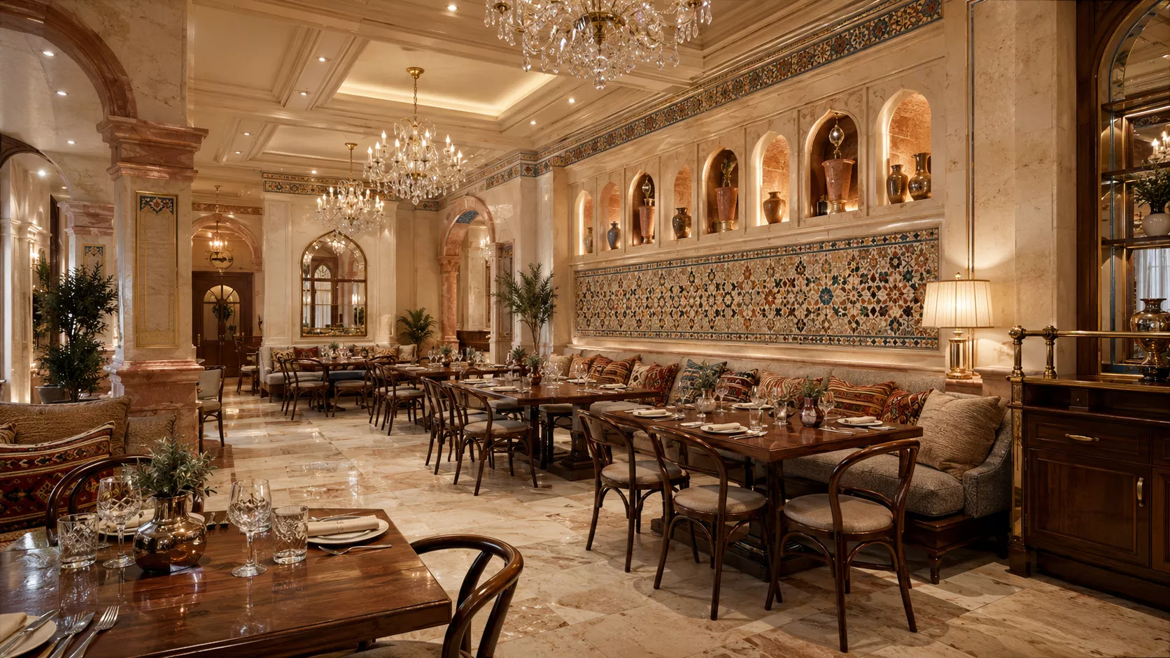 Ürdün taşı, mozaik, Bedevi dokuları, Viyana kafe zarafeti ve altın detayları bir araya getiren sıcak bir restoran iç mekanı. Ürdün-Avusturya dekorundan esinlenilmiş restoran iç tasarımı.